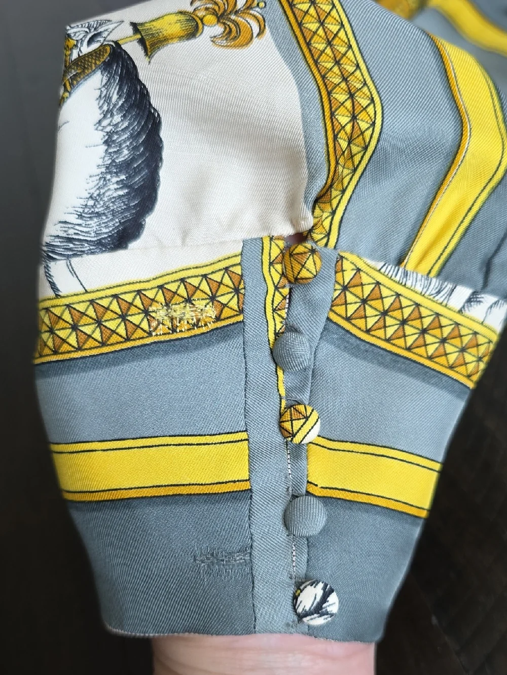 VTG Hermes 100% Silk Button-Up Blouse Equestrian Print Gray Yellow Authentic, 44 - Picture 9 of 15